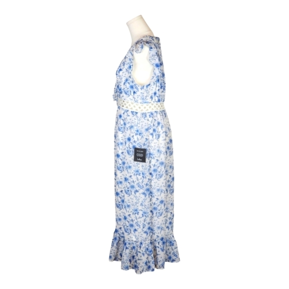 Lulus Make Things Shine White Blue Floral Midi Lightweight Flowy Dress L - Picture 8 of 16